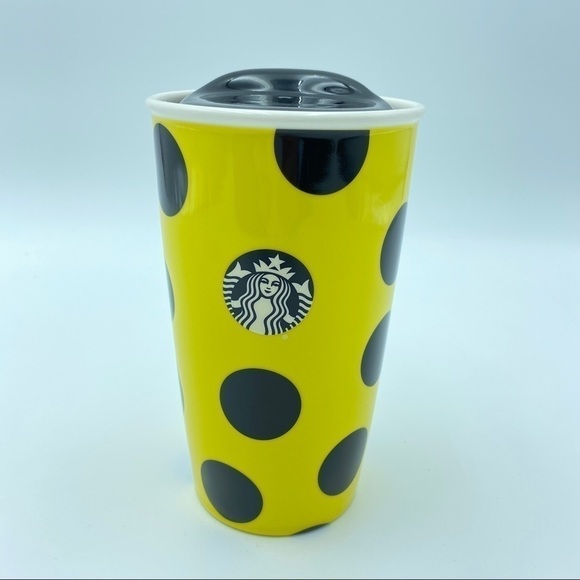 Starbucks Coffee 2015 12oz Yellow Black Polka Dot Ceramic Travel Tumbler Mug - Picture 1 of 6